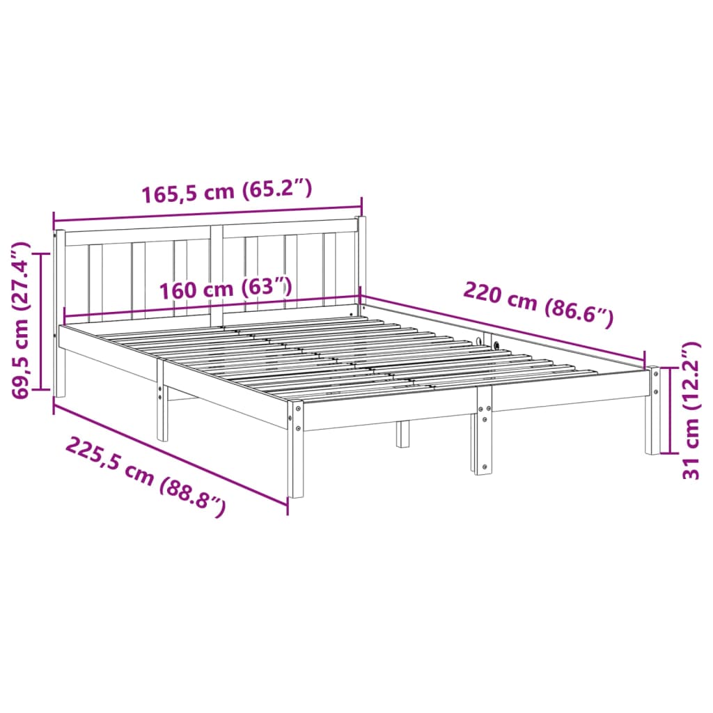 Extra Long Bed Frame without Mattress 160x220 cm Solid Wood Pine