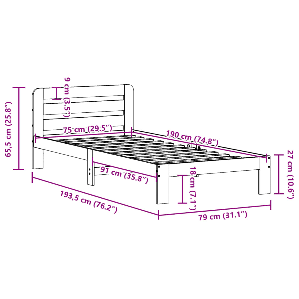 Bed Frame without Mattress White 75x190 cm Small Single Solid Wood Pine