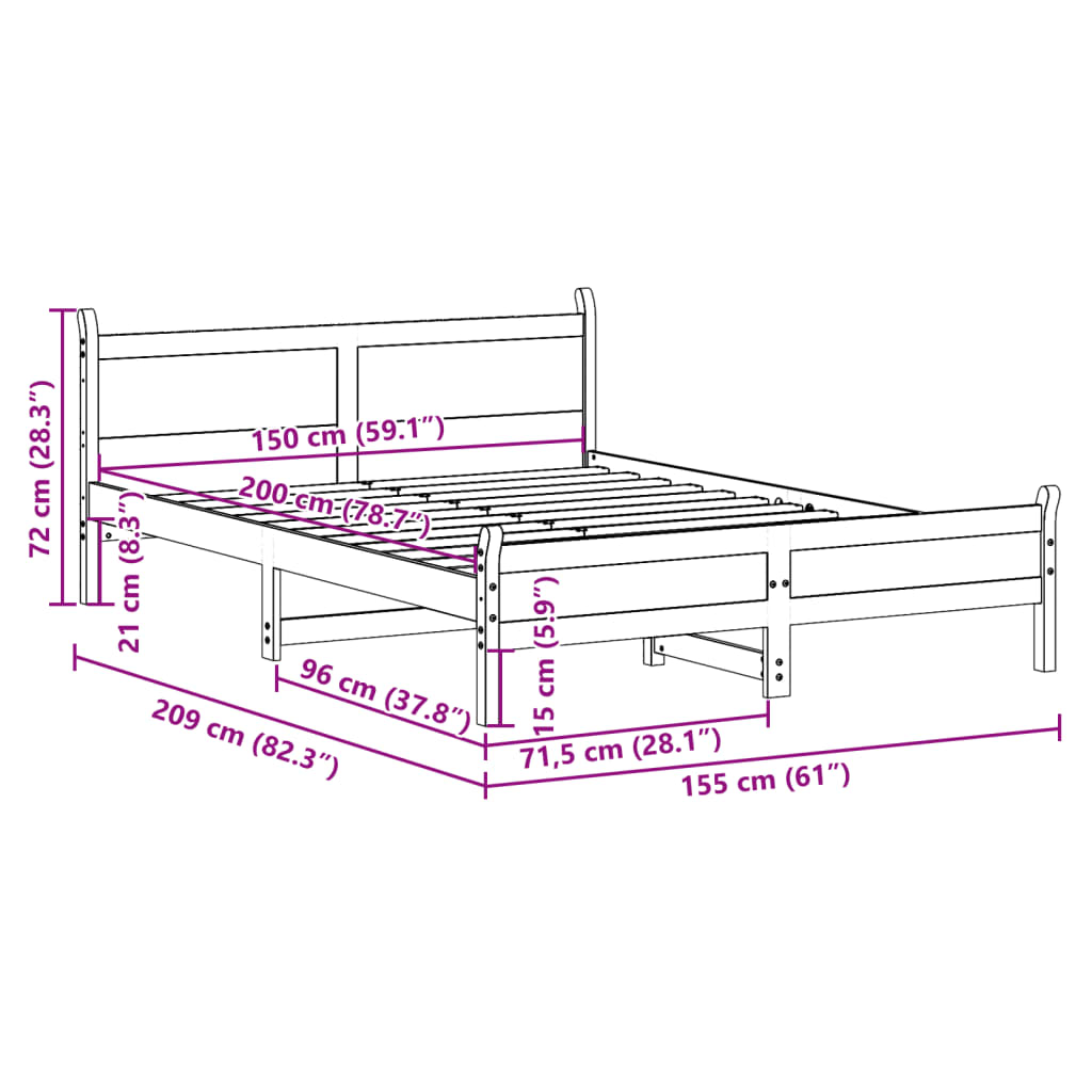 Bed Frame without Mattress White 150x200 cm King Size Solid Wood Pine