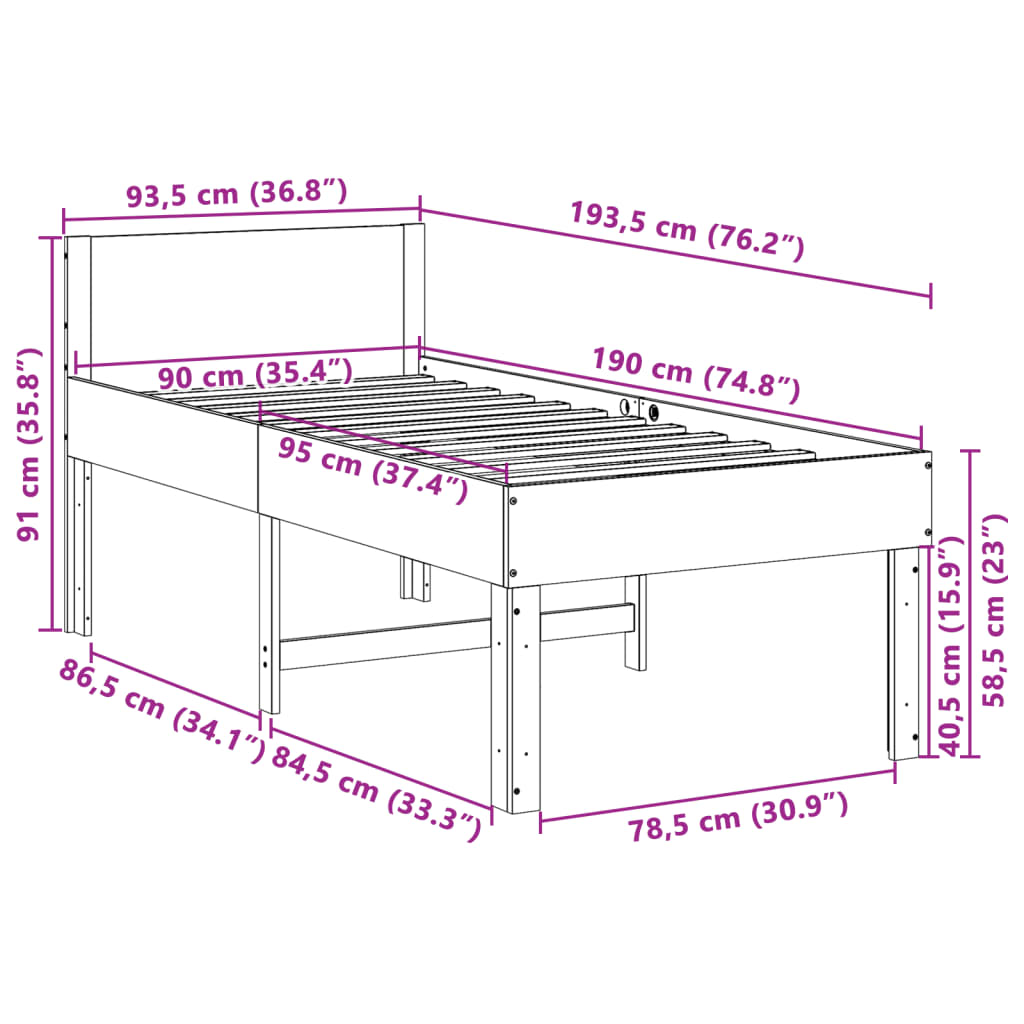 Bed Frame without Mattress 90x190 cm Single Solid Wood Pine