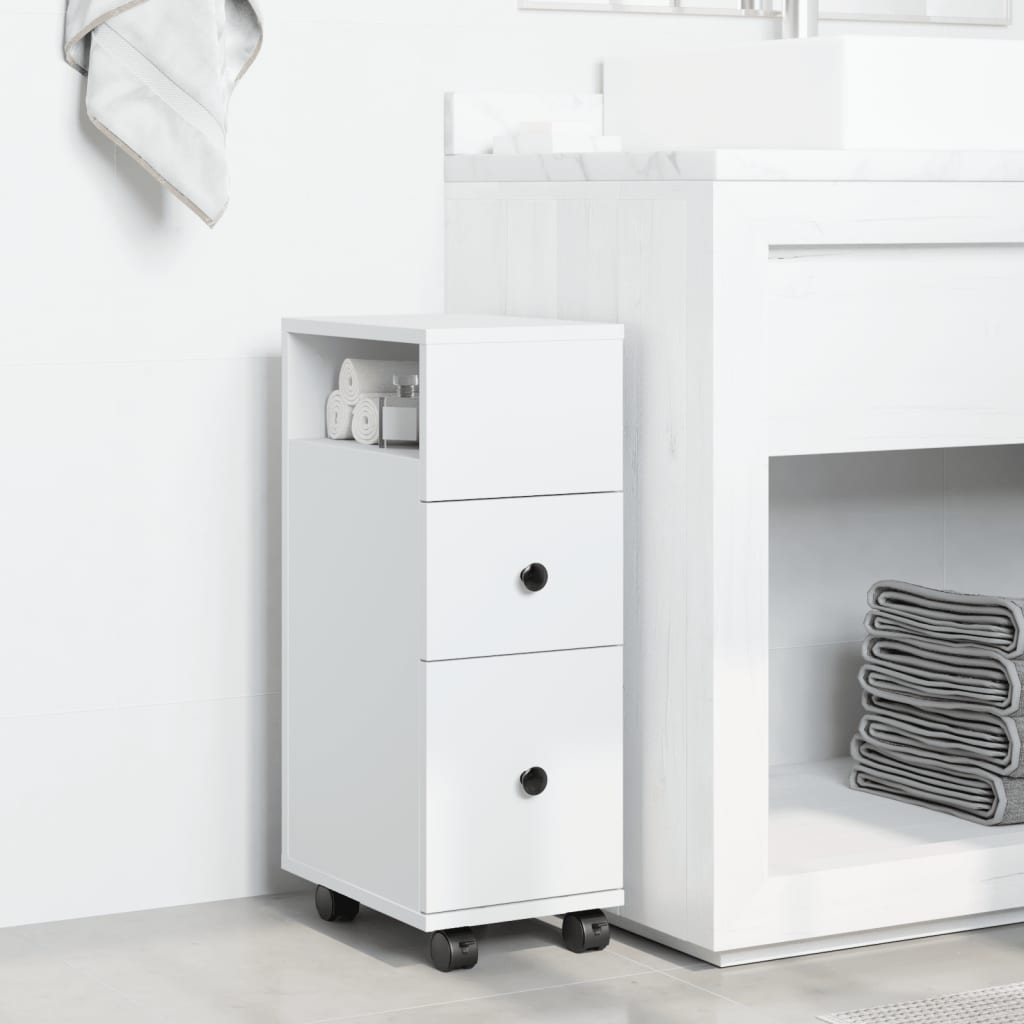 Narrow Bathroom Cabinet with Wheels White Engineered Wood