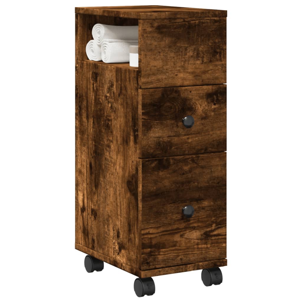 Narrow Bathroom Cabinet with Wheels Smoked Oak Engineered Wood