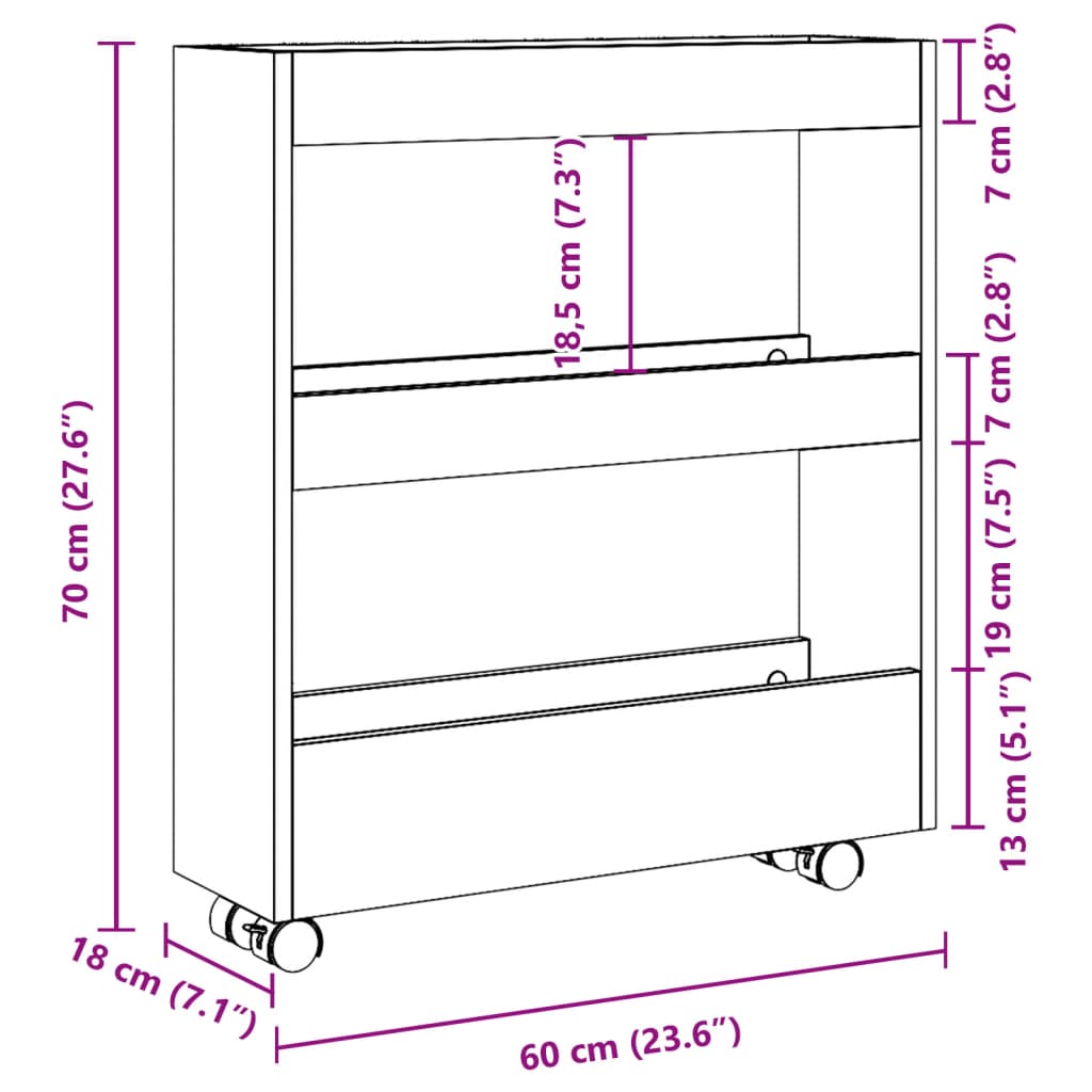 Narrow Storage Trolley 3 Tier White Engineered Wood