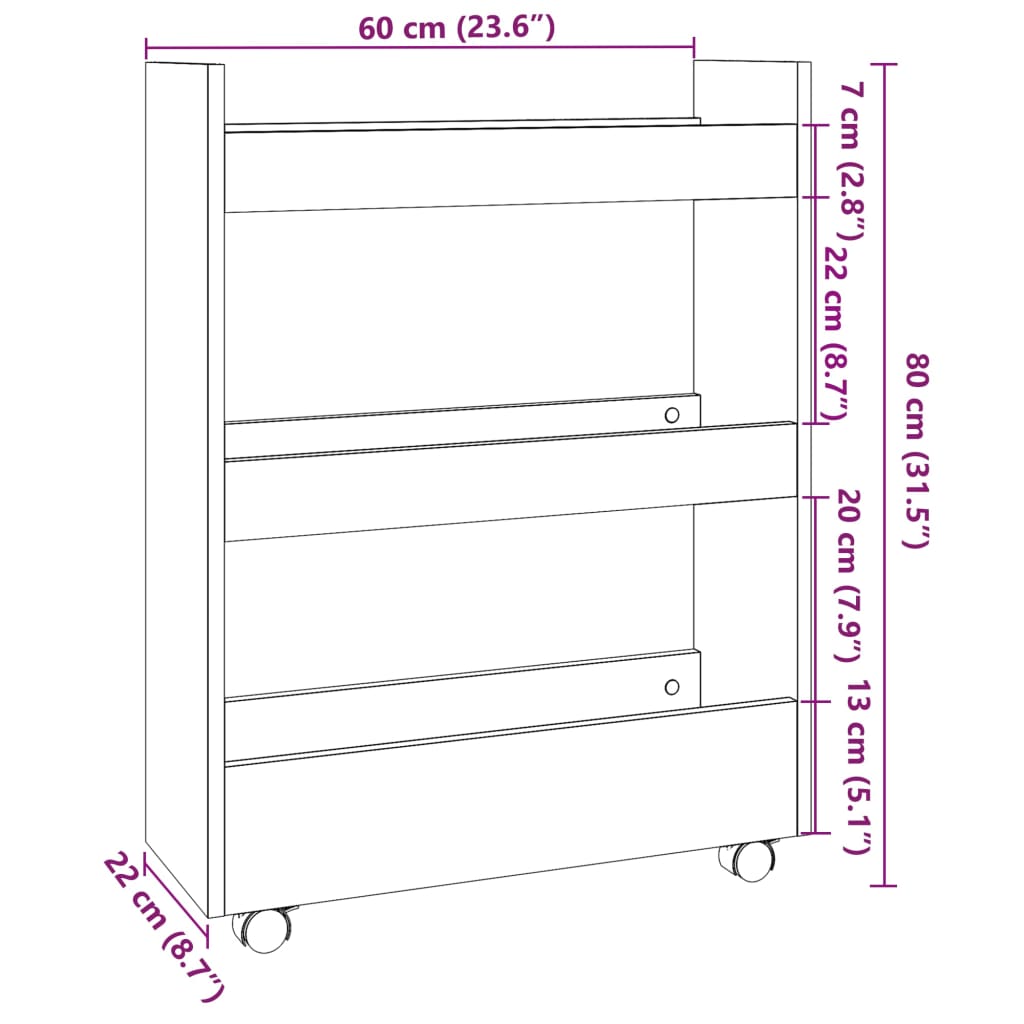 Narrow Storage Trolley 3 Tier White Engineered Wood