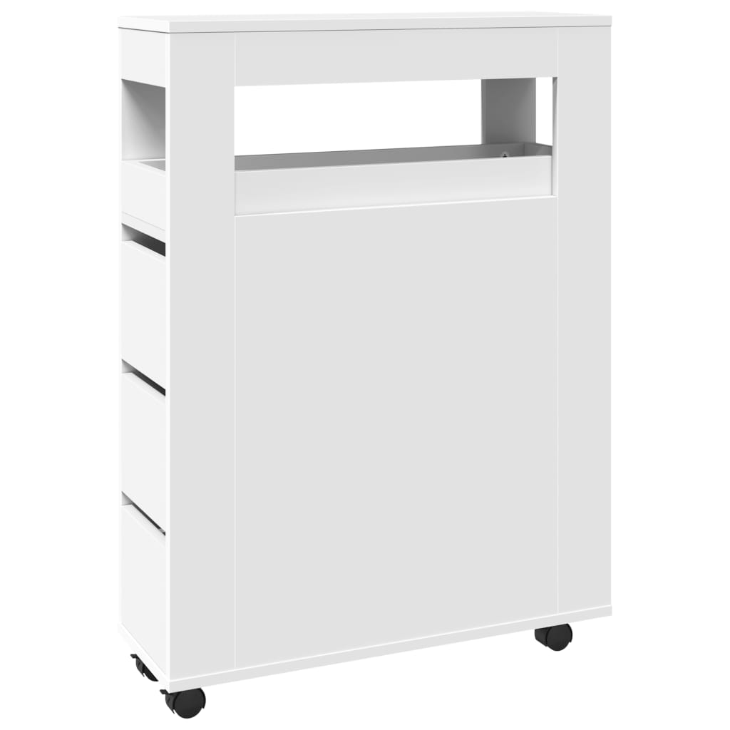 Narrow Bathroom Cabinet with Wheels White Engineered Wood