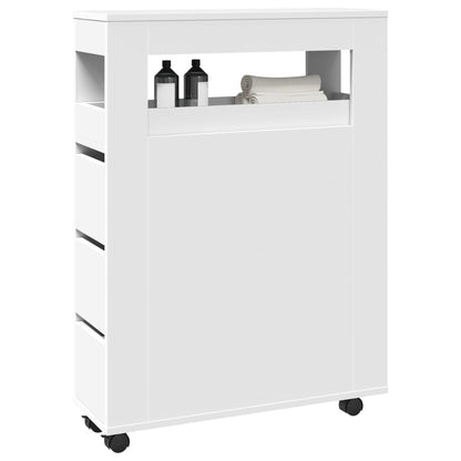 Narrow Bathroom Cabinet with Wheels White Engineered Wood