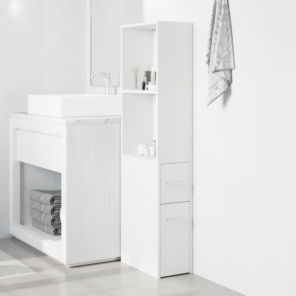 Narrow Bathroom Cupboard with Wheels White Engineered Wood