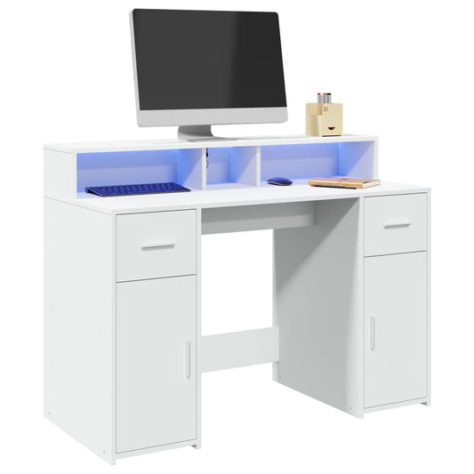 Desk with LED Lights White 120x55x91 cm Engineered Wood