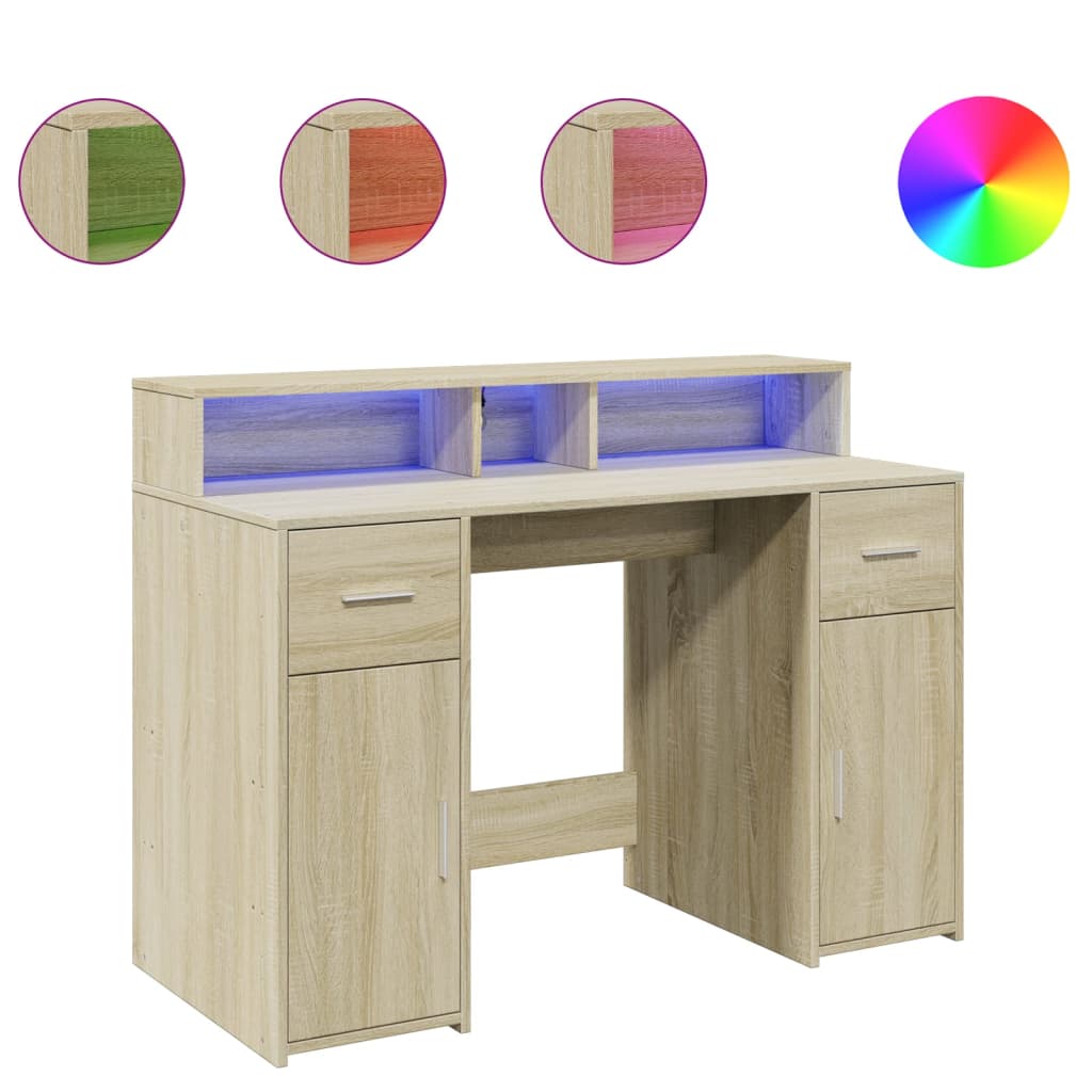 Desk with LED Lights Sonoma Oak 120x55x91 cm Engineered Wood