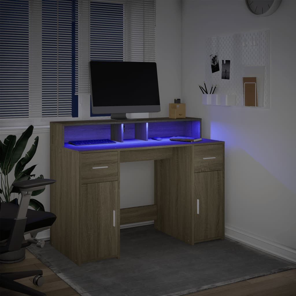 Desk with LED Lights Sonoma Oak 120x55x91 cm Engineered Wood