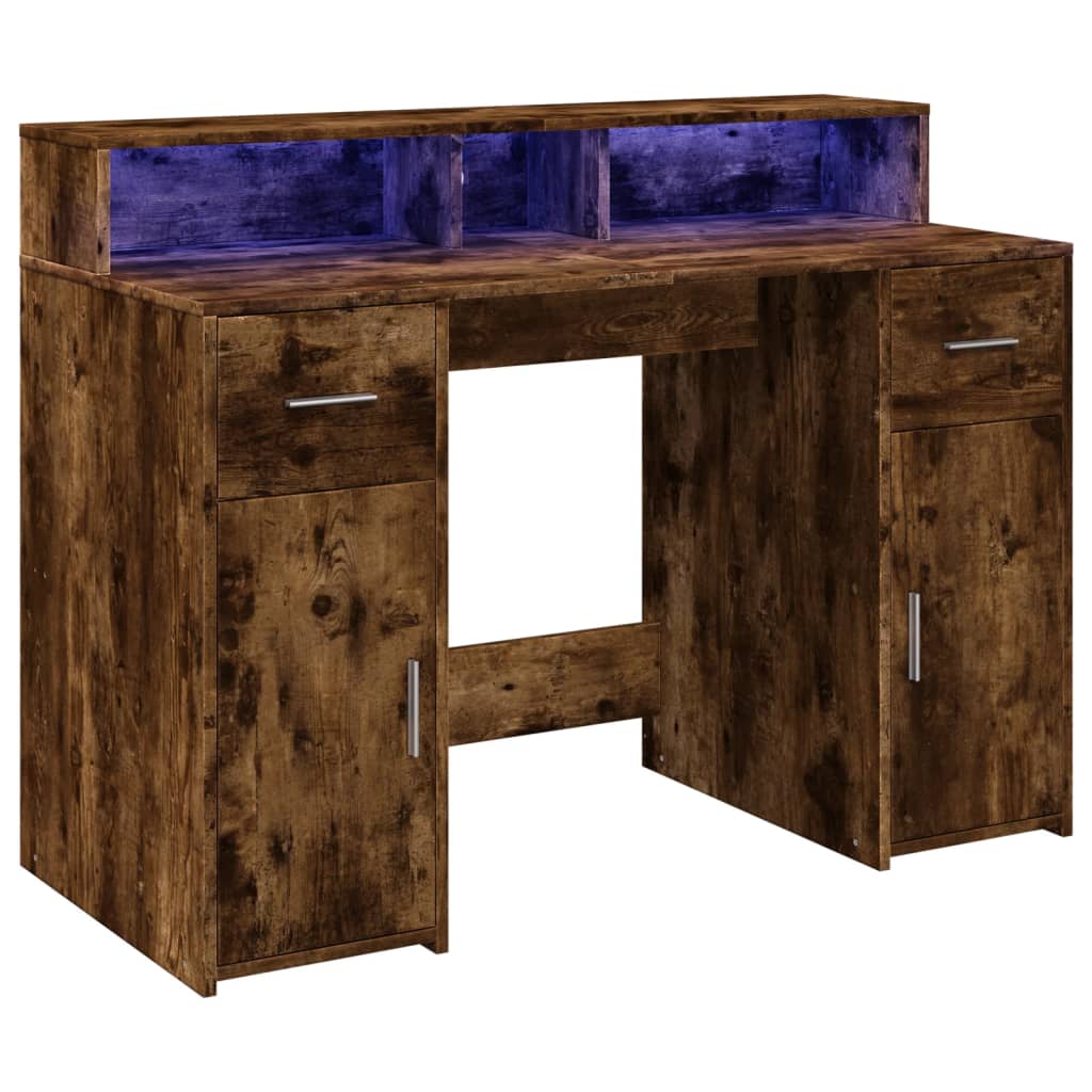 Desk with LED Lights Smoked Oak 120x55x91 cm Engineered Wood