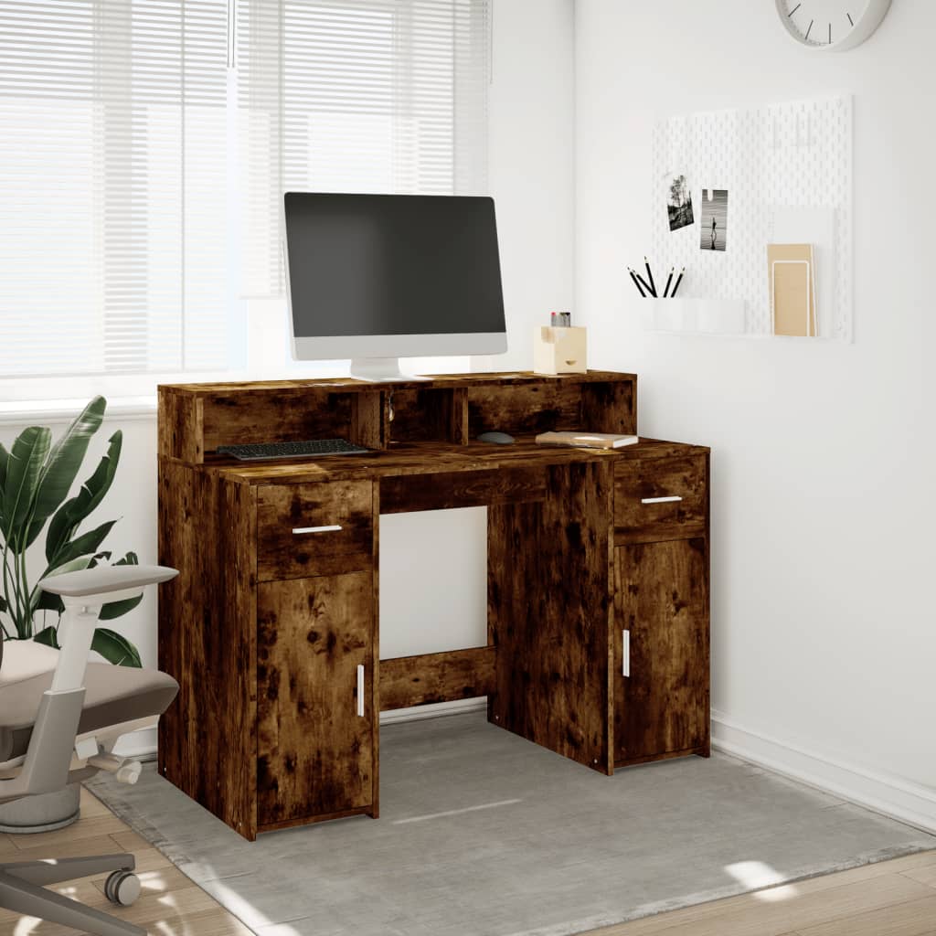 Desk with LED Lights Smoked Oak 120x55x91 cm Engineered Wood