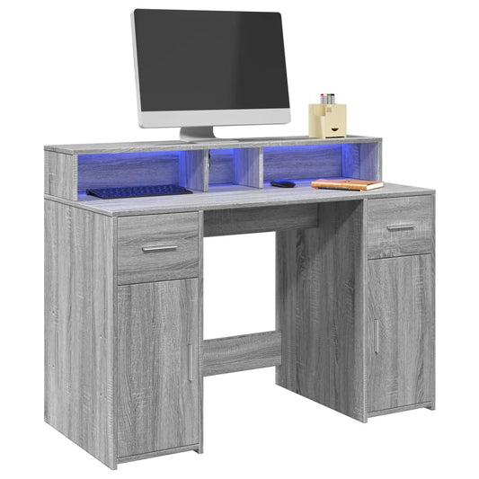 Desk with LED Lights Grey Sonoma 120x55x91 cm Engineered Wood