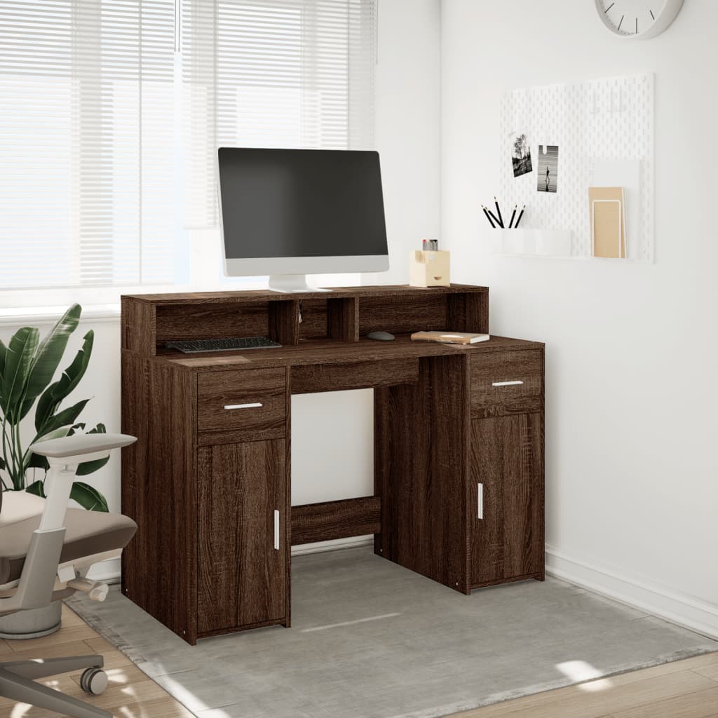 Desk with LED Lights Brown Oak 120x55x91 cm Engineered Wood