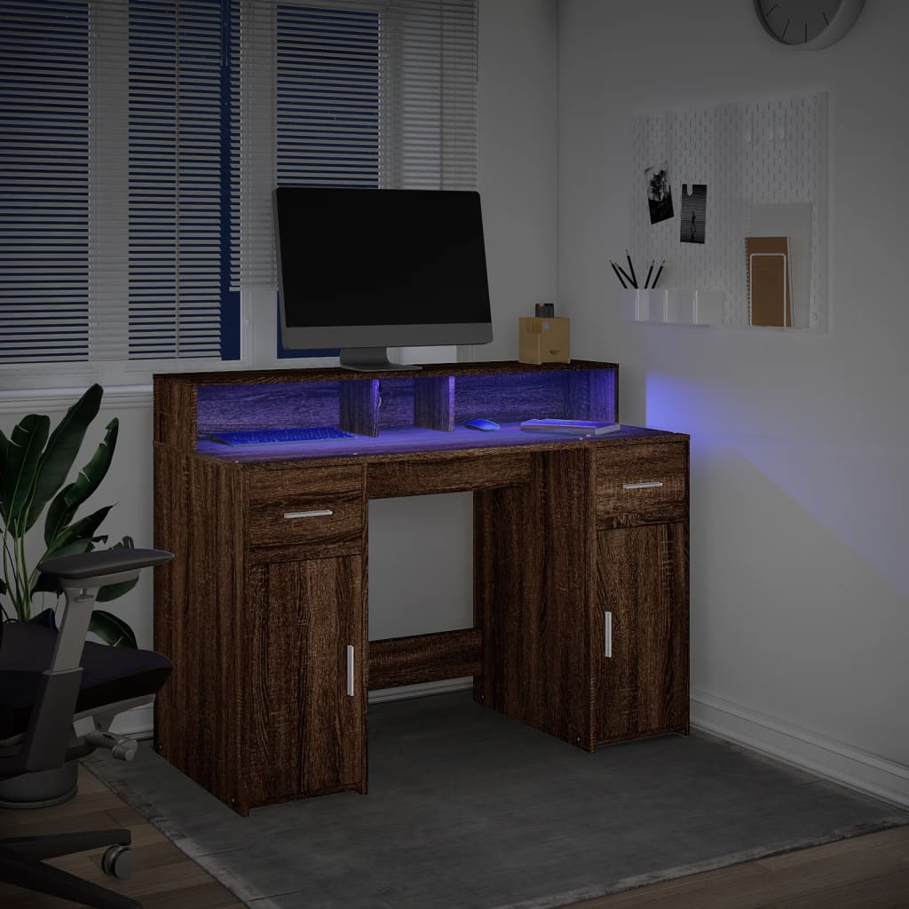 Desk with LED Lights Brown Oak 120x55x91 cm Engineered Wood