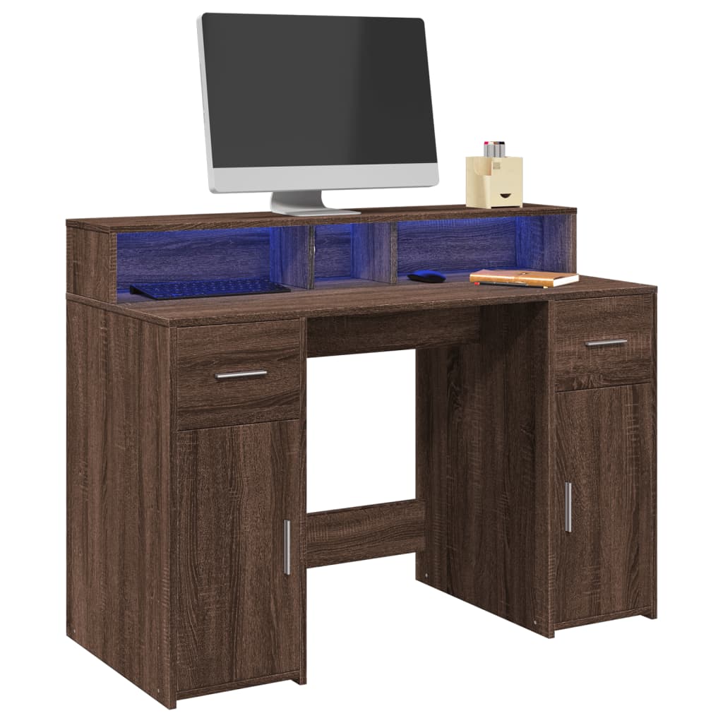 Desk with LED Lights Brown Oak 120x55x91 cm Engineered Wood