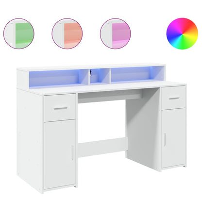 Desk with LED Lights White 140x55x91 cm Engineered Wood