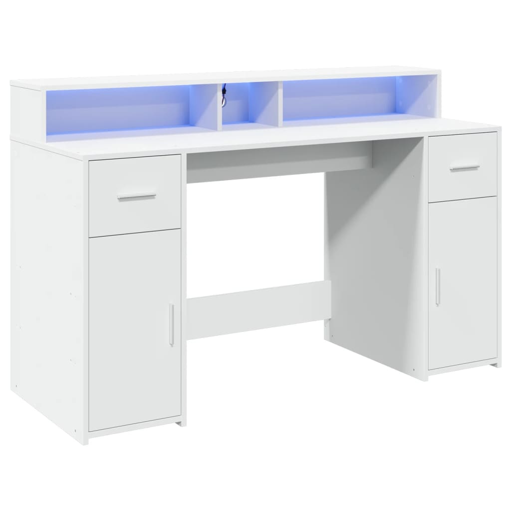 Desk with LED Lights White 140x55x91 cm Engineered Wood