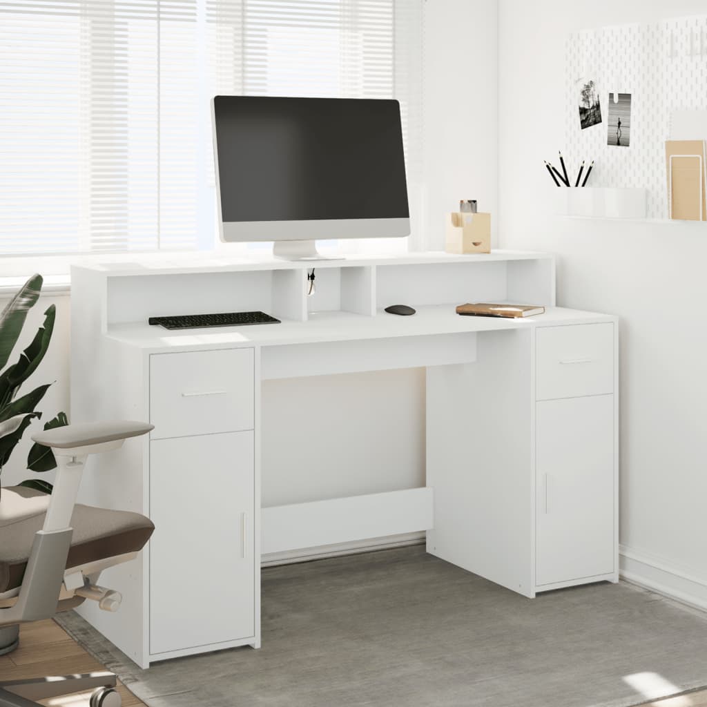 Desk with LED Lights White 140x55x91 cm Engineered Wood