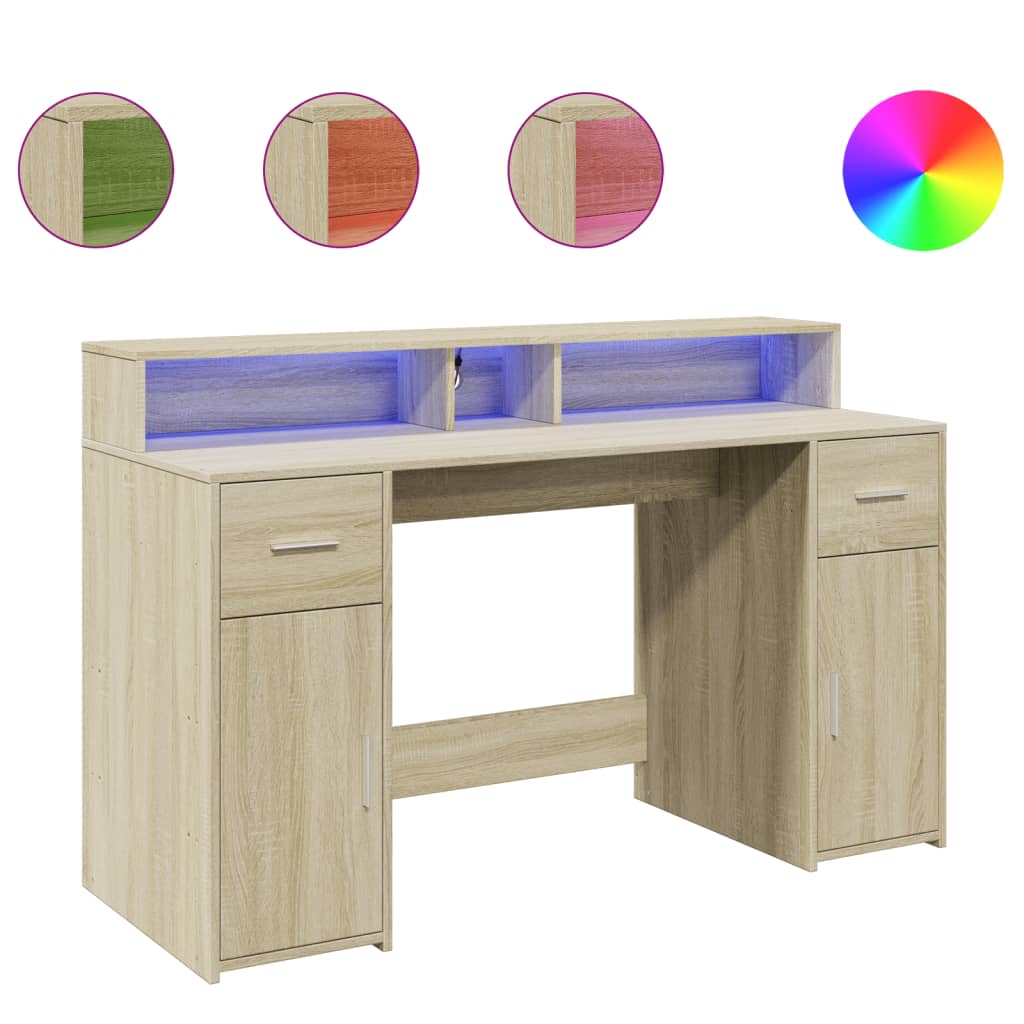 Desk with LED Lights Sonoma Oak 140x55x91 cm Engineered Wood