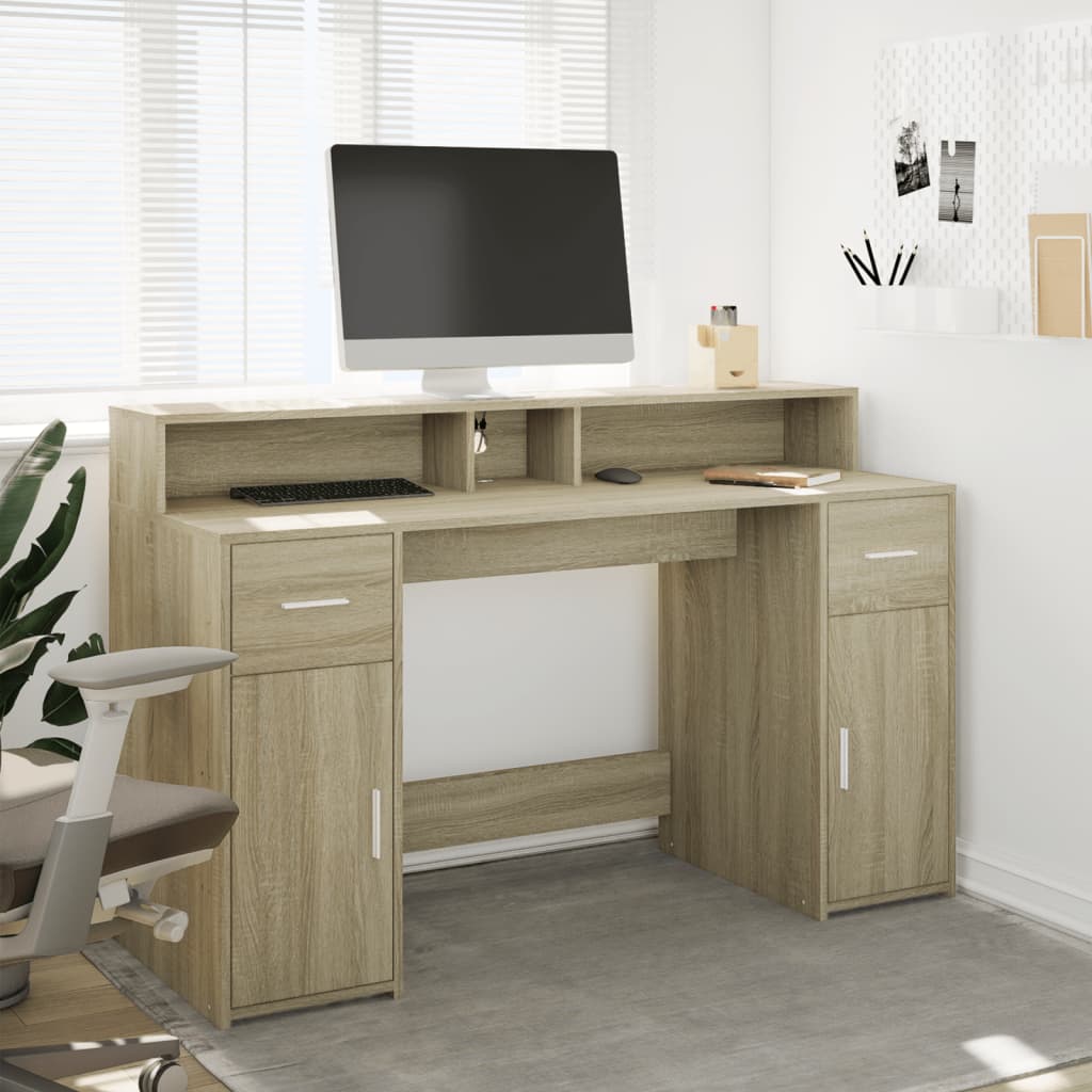 Desk with LED Lights Sonoma Oak 140x55x91 cm Engineered Wood