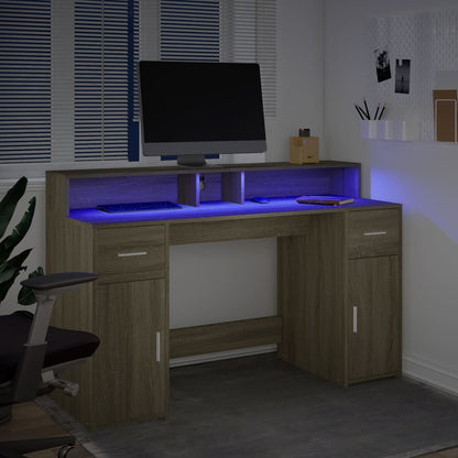 Desk with LED Lights Sonoma Oak 140x55x91 cm Engineered Wood