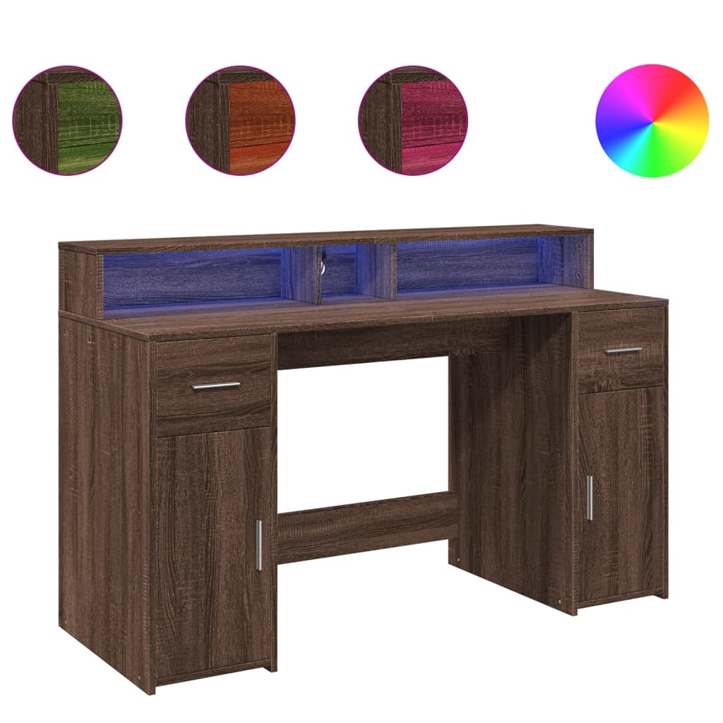 Desk with LED Lights Brown Oak 140x55x91 cm Engineered Wood