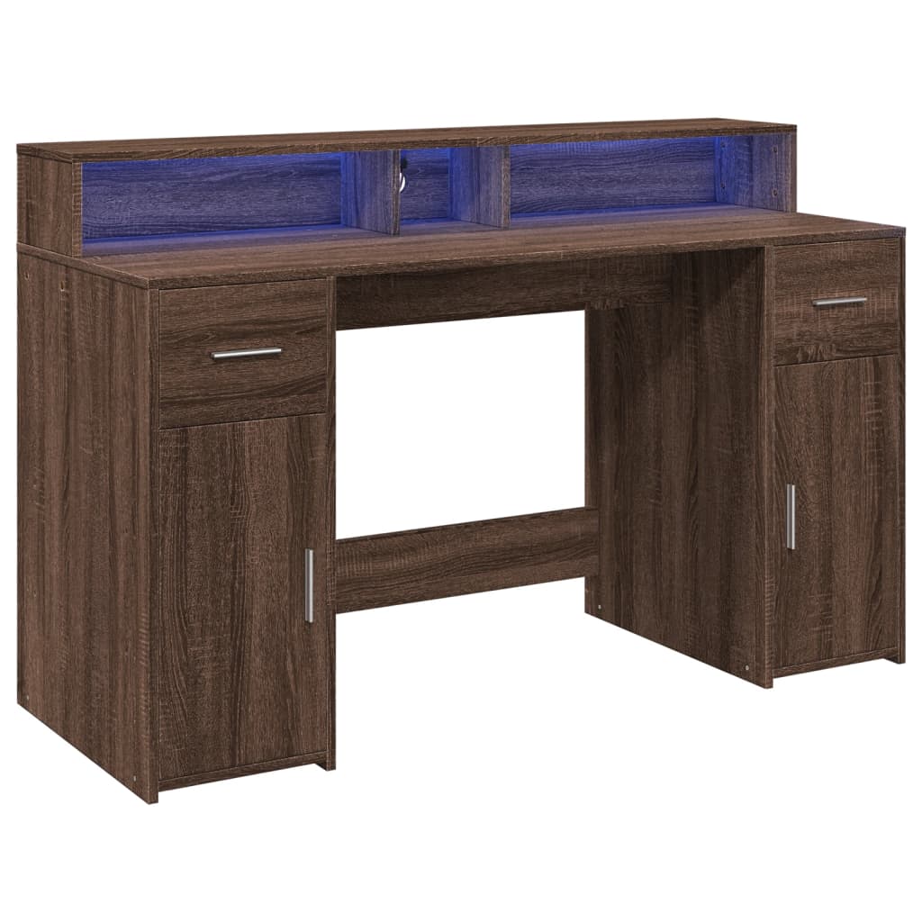 Desk with LED Lights Brown Oak 140x55x91 cm Engineered Wood