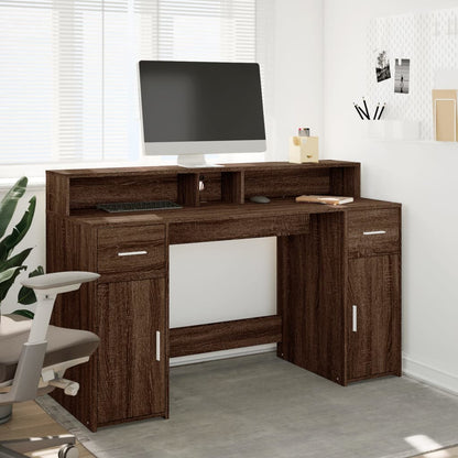 Desk with LED Lights Brown Oak 140x55x91 cm Engineered Wood