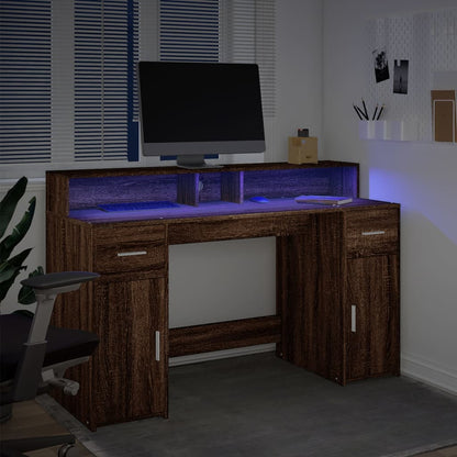 Desk with LED Lights Brown Oak 140x55x91 cm Engineered Wood