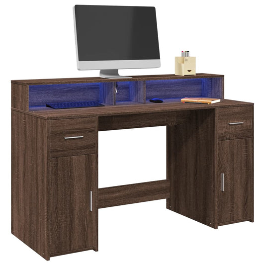 Desk with LED Lights Brown Oak 140x55x91 cm Engineered Wood