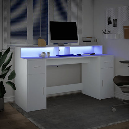 Desk with LED Lights White 160x55x91 cm Engineered Wood