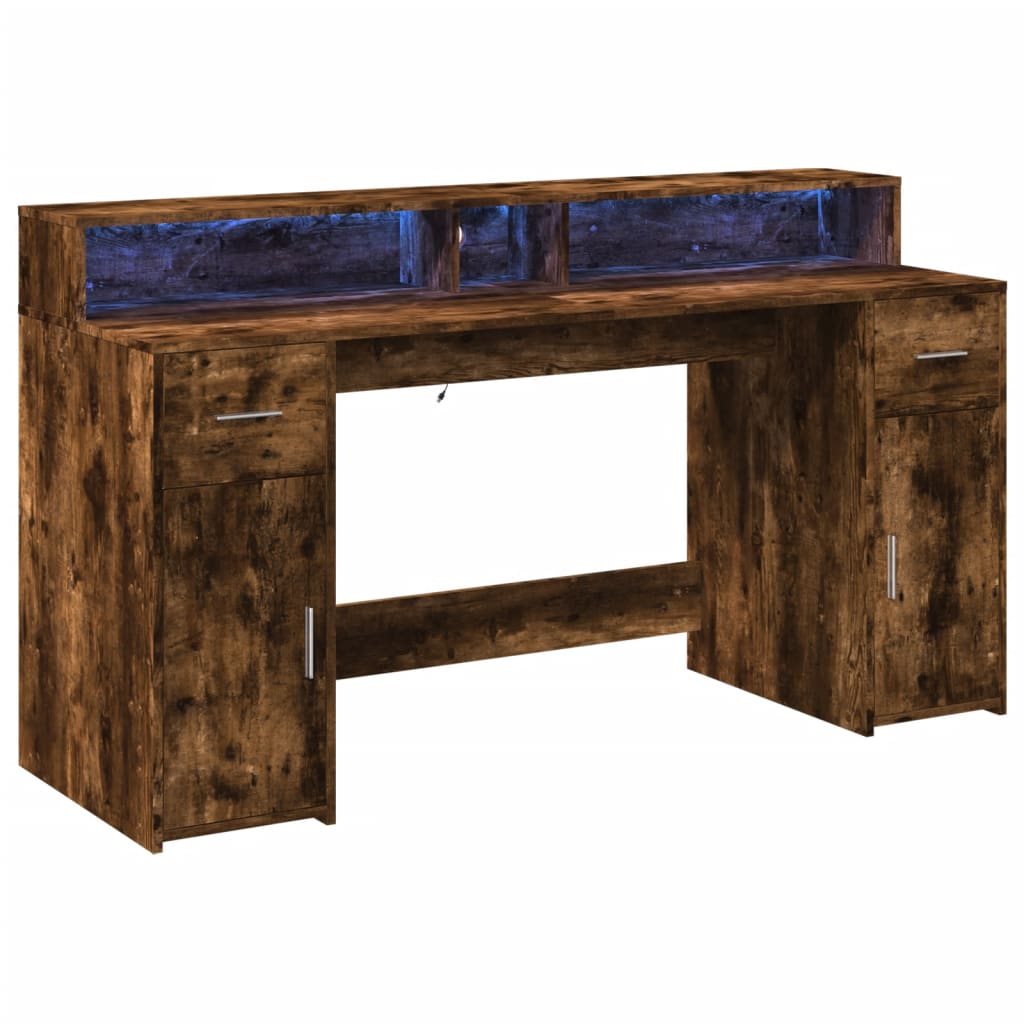 Desk with LED Lights Smoked Oak 160x55x91 cm Engineered Wood