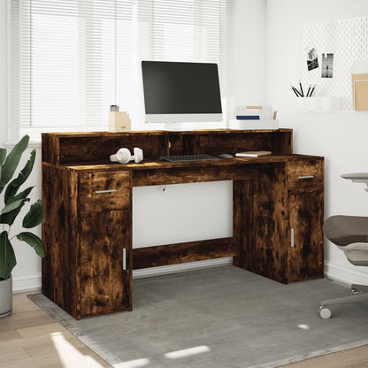 Desk with LED Lights Smoked Oak 160x55x91 cm Engineered Wood