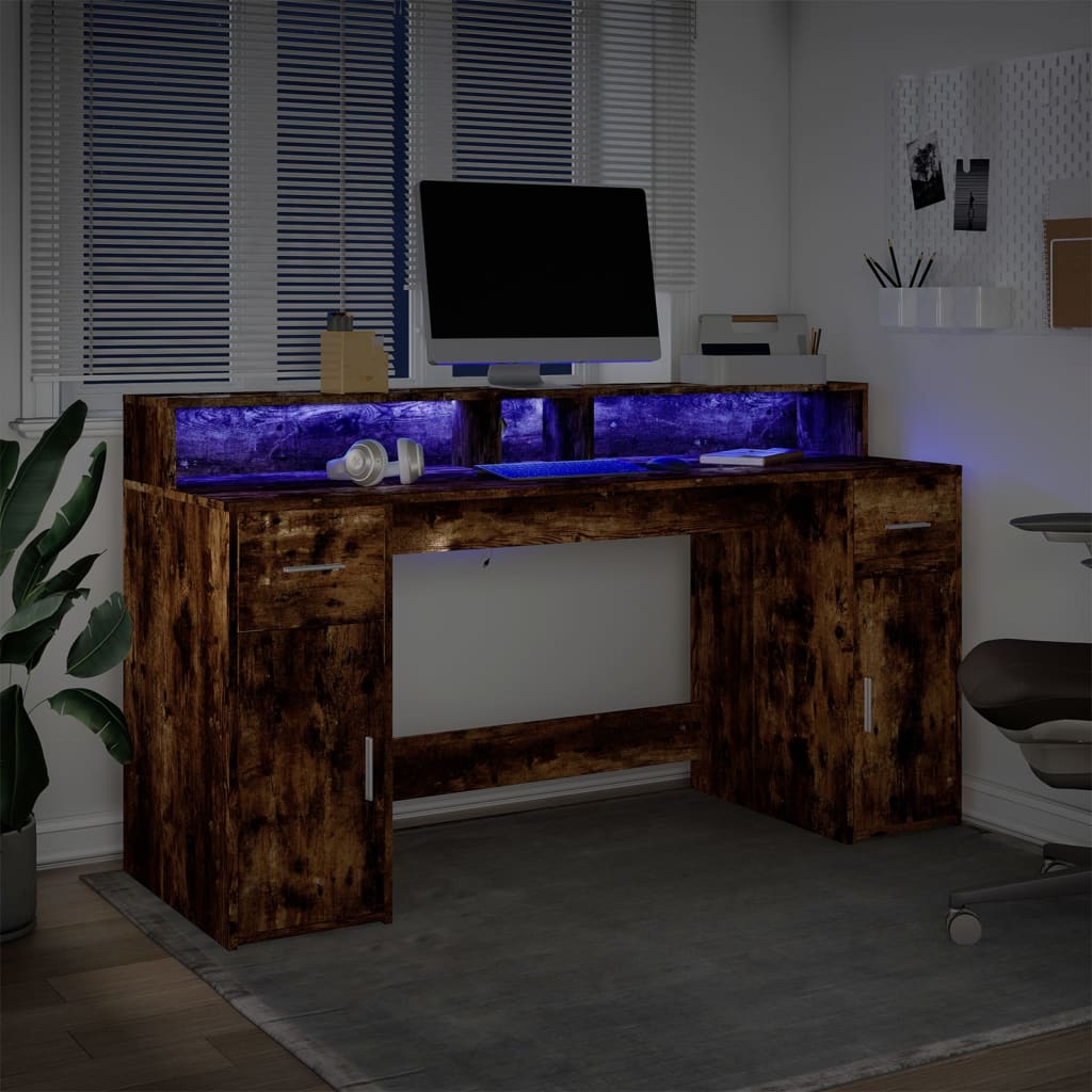 Desk with LED Lights Smoked Oak 160x55x91 cm Engineered Wood