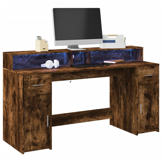 Desk with LED Lights Smoked Oak 160x55x91 cm Engineered Wood