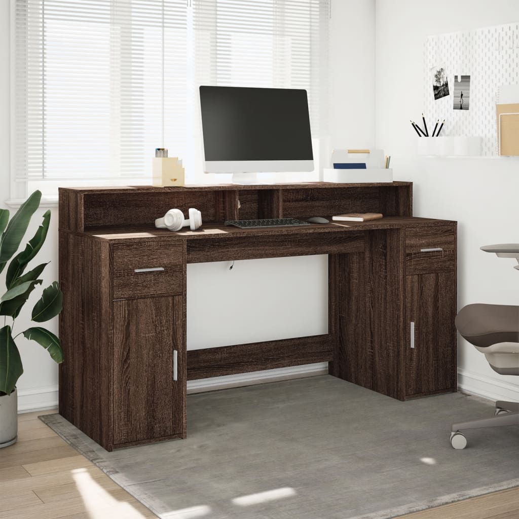 Desk with LED Lights Brown Oak 160x55x91 cm Engineered Wood