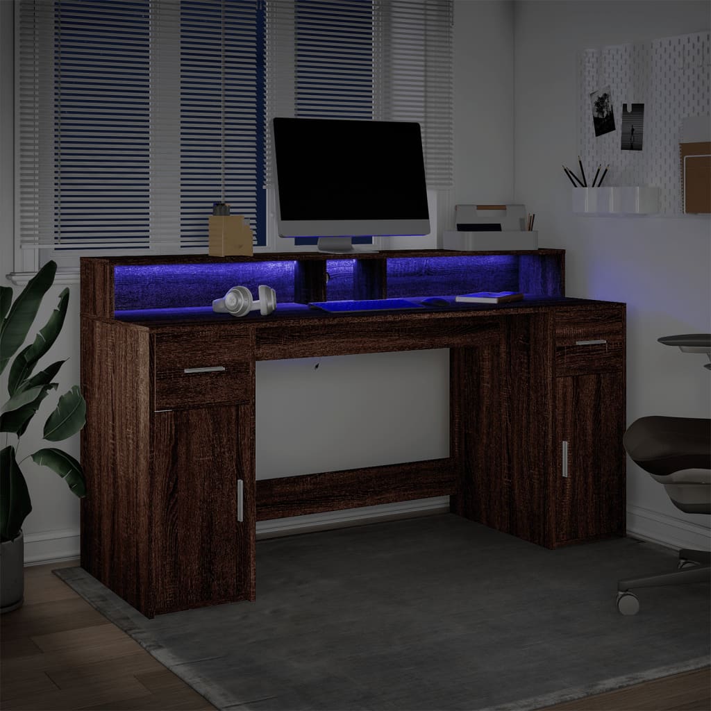 Desk with LED Lights Brown Oak 160x55x91 cm Engineered Wood