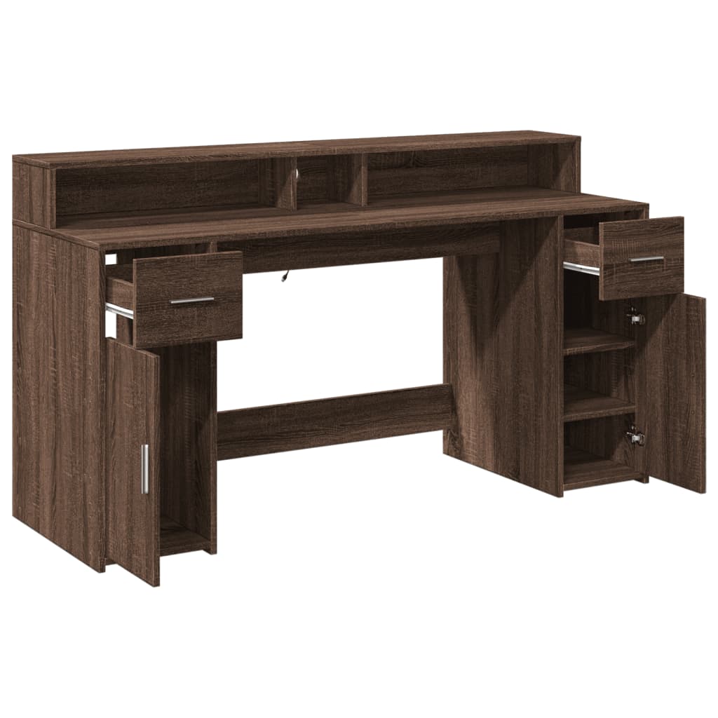 Desk with LED Lights Brown Oak 160x55x91 cm Engineered Wood