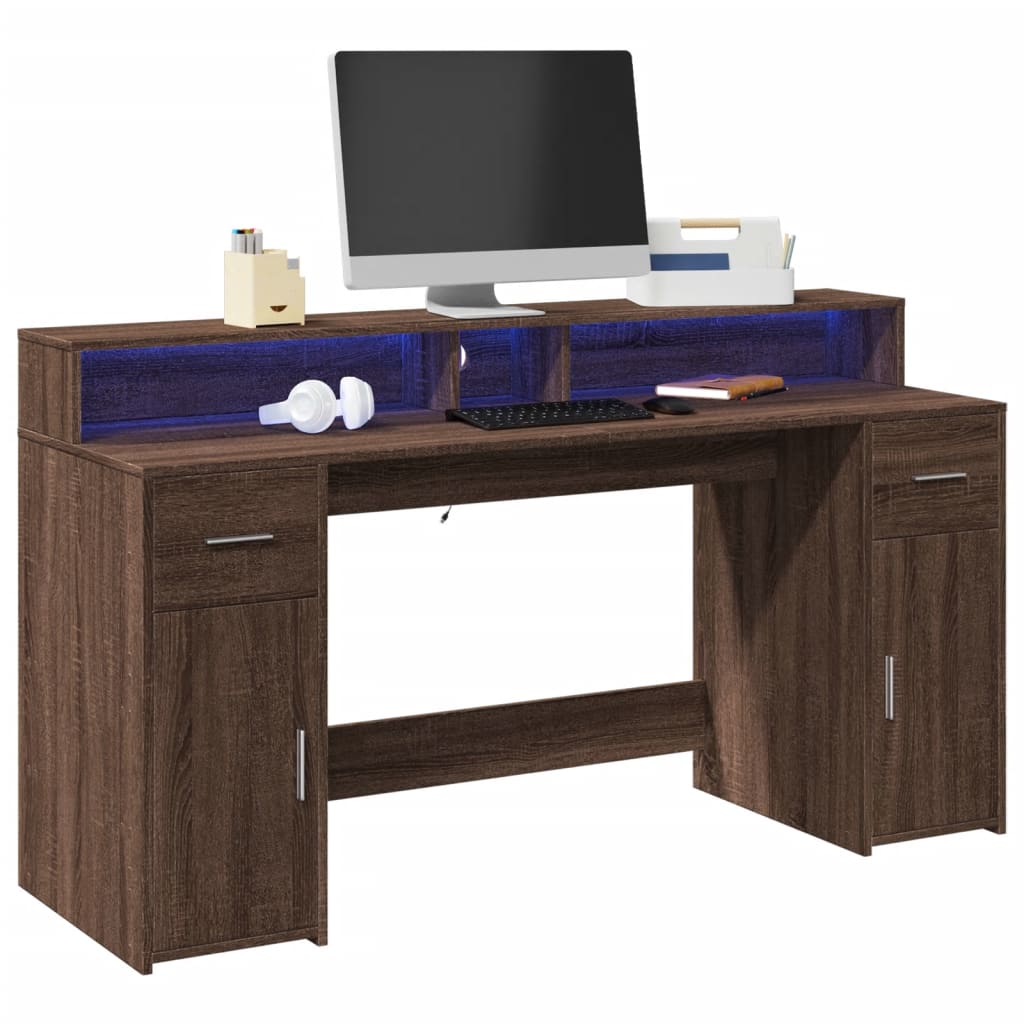 Desk with LED Lights Brown Oak 160x55x91 cm Engineered Wood