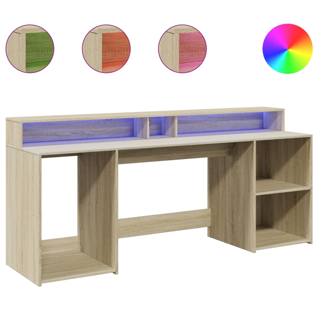 Desk with LED Lights Sonoma Oak 200x55x91 cm Engineered Wood