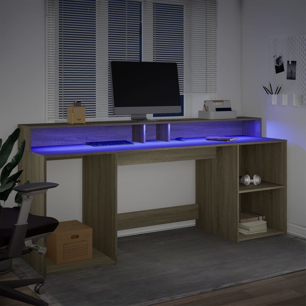 Desk with LED Lights Sonoma Oak 200x55x91 cm Engineered Wood