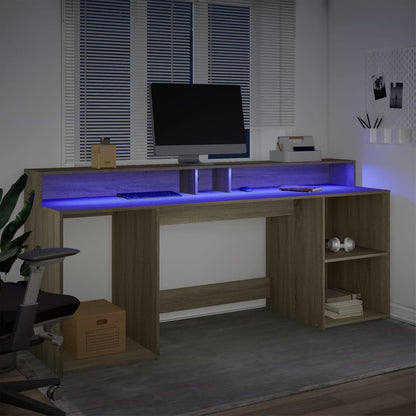 Desk with LED Lights Sonoma Oak 200x55x91 cm Engineered Wood