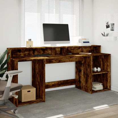 Desk with LED Lights Smoked Oak 200x55x91 cm Engineered Wood