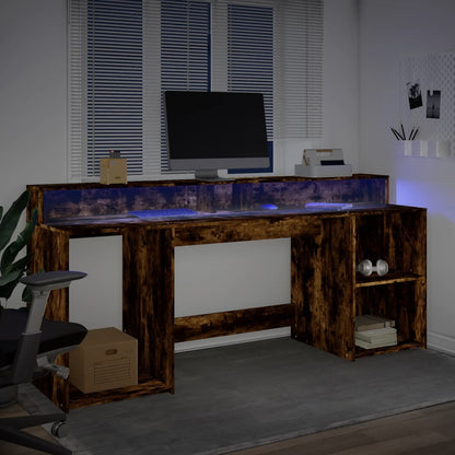 Desk with LED Lights Smoked Oak 200x55x91 cm Engineered Wood