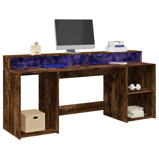 Desk with LED Lights Smoked Oak 200x55x91 cm Engineered Wood