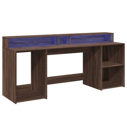 Desk with LED Lights Brown Oak 200x55x91 cm Engineered Wood