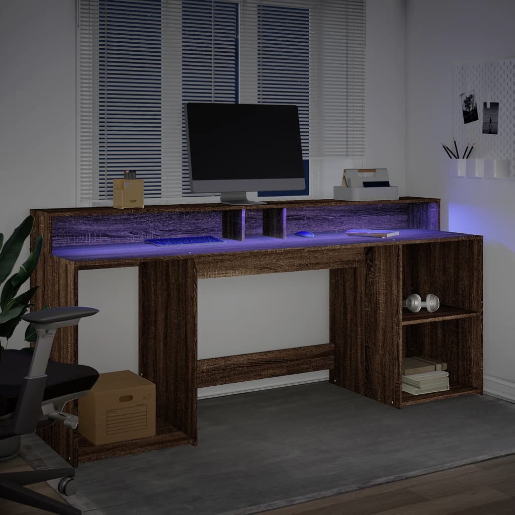 Desk with LED Lights Brown Oak 200x55x91 cm Engineered Wood