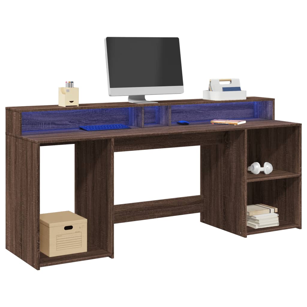 Desk with LED Lights Brown Oak 200x55x91 cm Engineered Wood