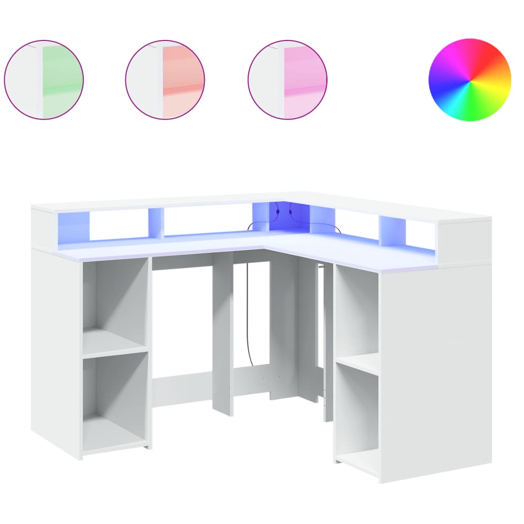 Desk with LED Lights White 130x130x91 cm Engineered Wood